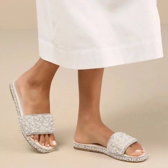 New Bling Rhinestone Pearl Open Toe Slide Sandals Flip Flops Low Flat Platform - Picture 1 of 5